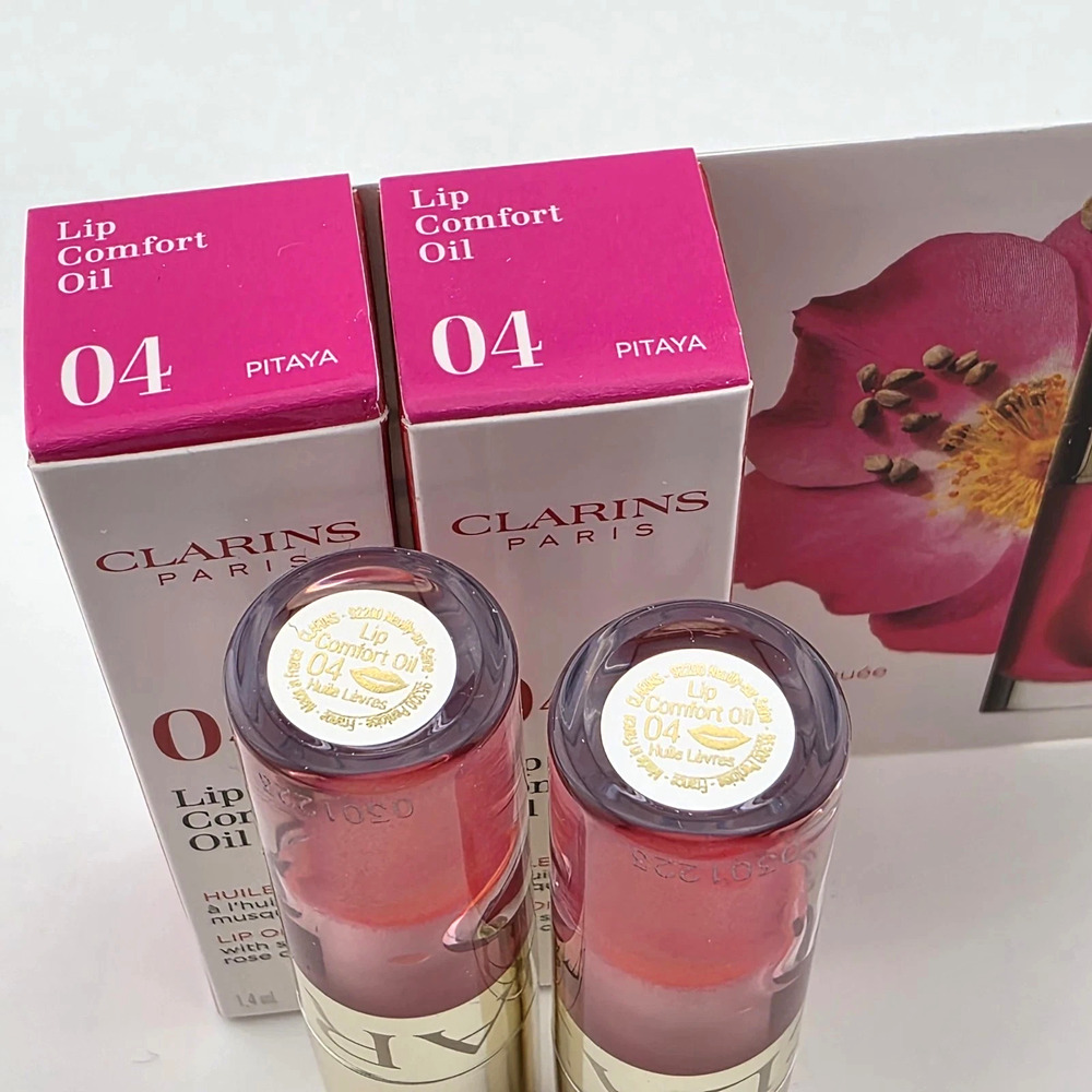 2x Clarins Lip Comfort Oil 04 PITAYA w Sweetbriar Rose Oil Travel 1.4 ml/0.04 oz - Picture 5 of 7